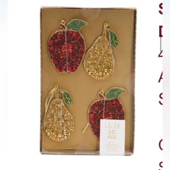 34th & Pine Apple and Pear Fruit Beaded Christmas Ornaments Set of 4 New - Picture 1 of 9